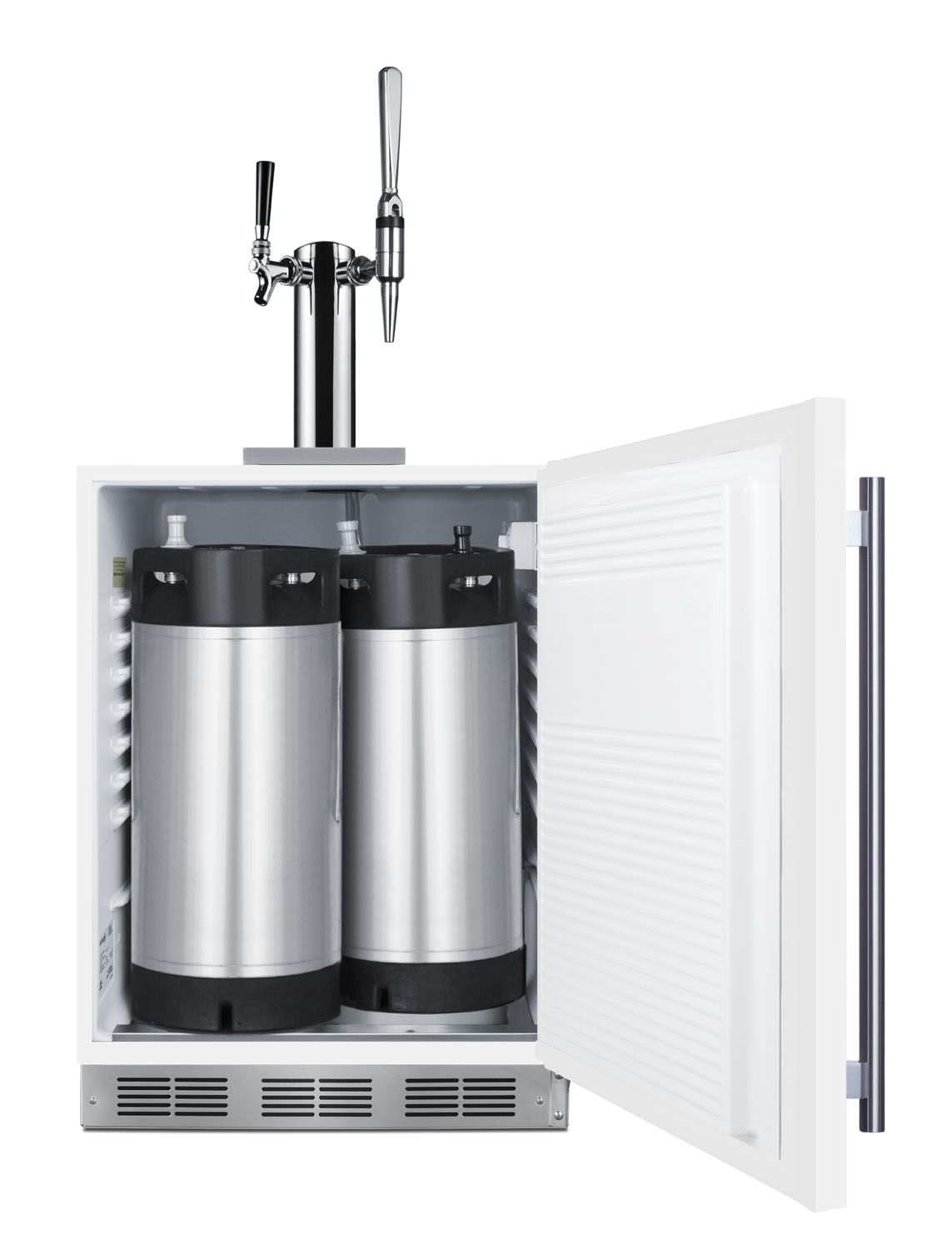 Built-in undercounter ADA height commercially listed dual tap combo nitro/cold brew coffee dispenser in white with stainless steel handle
